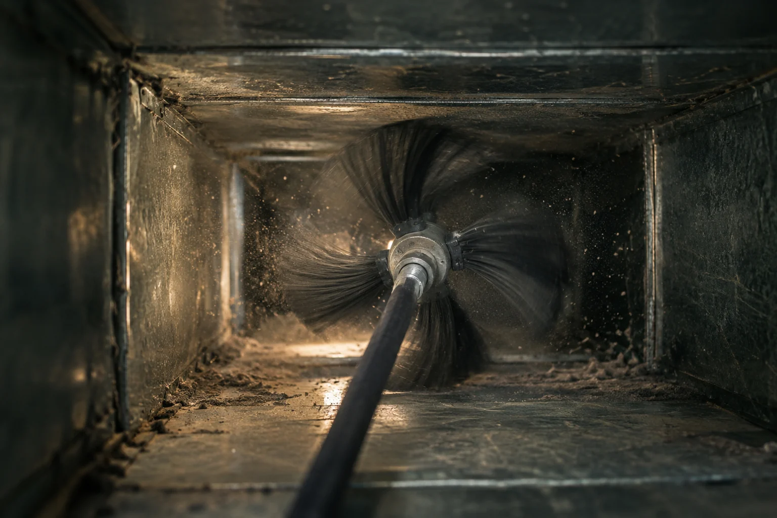 A brush cleaning inside galvanized ductwork