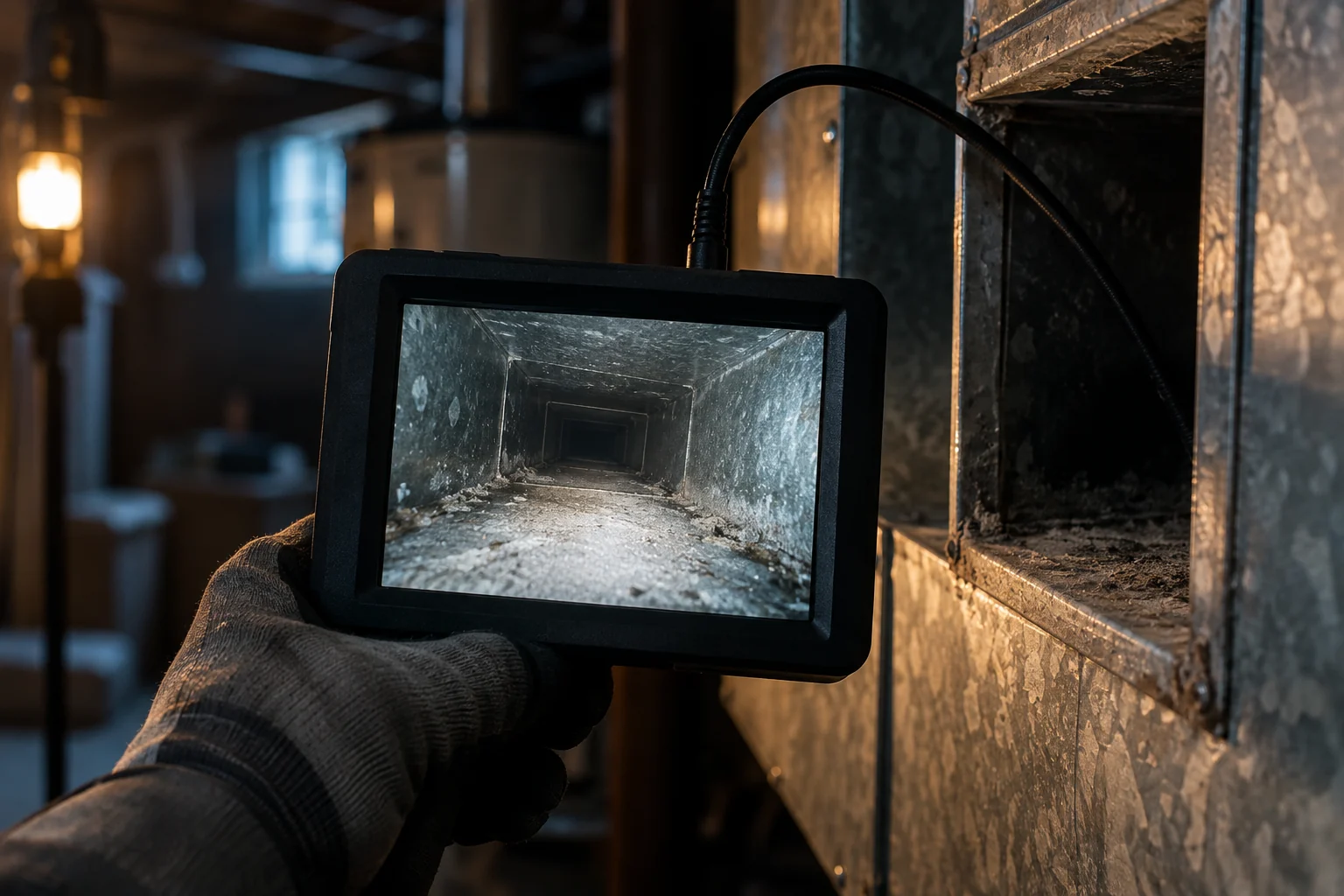 A camera inspection inside a duct before cleaning